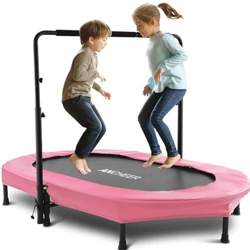ANCHEER Trampoline for Kids, 56" Double Toddler Trampoline with Adjustable Handlebar, 220LBS Weight Capacity - Indoor/Outdoor Foldable Jumper for 2+ Users (ASTM Certified)