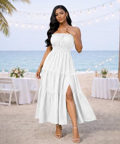 ABKY Off The Shoulder Dress Summer Strapless Tube Top Dresses Long Flowy A Line Side Slit Vacation Beach Holiday Party Outfit White L - Thumbnail 2