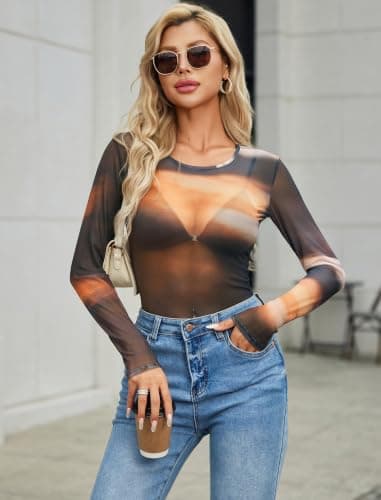 Avidlove Sheer Top Long Sleeve Mesh Top Women Mesh Blouse for Women Long Sleeve Undershirt for Women Gradient Brown S - Thumbnail 2