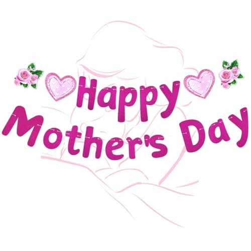 Oeyliz Happy Mother's Day Banner Mother's Banner Glitter Mom's Garland Sign DIY Mom Day Decorations Pink Flowers and Heart Patterns Outdoor Indoor Home Hanging Decorations Party Supplies - Image 1
