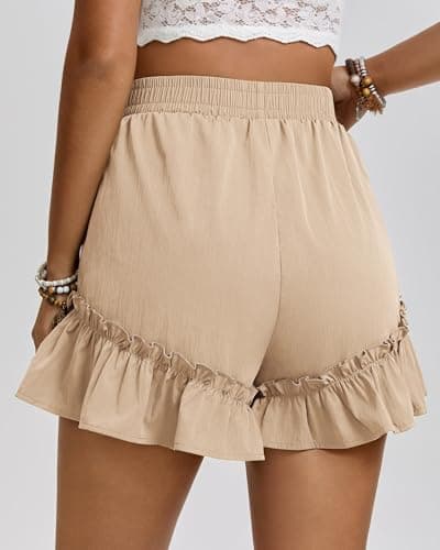 IEEILULU Flowy Shorts for Women Boho Ruffle Skorts Elastic Waist Bow-Knot Casual Summer Shorts with Pockets Apricot XL - Thumbnail 5