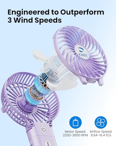 KIBEE Portable Handheld Fan - 5200mAh USB Rechargeable [20H Max Runtime], Foldable 180° Mini Personal Fan, 3-Speed with Stand for Travel/Outdoor/Makeup/Concerts (Purple) - Thumbnail 2