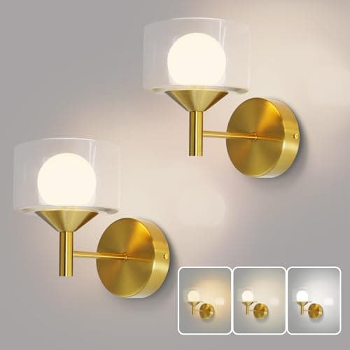 TYhogar Wall Sconces Set of Two, Gold Wall Lights with Clear Glass,Led Sconces Wall Decor Set of 2 Hardwired Hallway Light 3 Color Temperature Indoor Wall Sconce for Bathroom,Bedroom,Living Room - Image 1