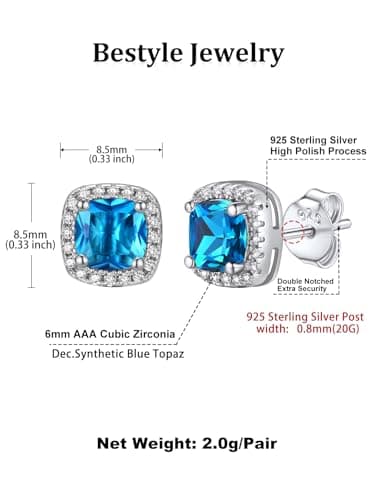 Bestyle Blue Topaz CZ Stud Earrings,Birthstone Earrings Stud for Women Sterling Silver Square Cubic Zirconia Stud Earrings Hypoallergenic Silver Earrings for Women - Thumbnail 5