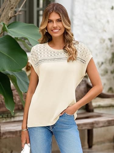 Glamaker Womens Tshirts Summer Casual Tops Trendy Cap Sleeve Vacation Crewneck Knitted Dressy Fashion Tee Tunic Blouses Apricot M - Thumbnail 2