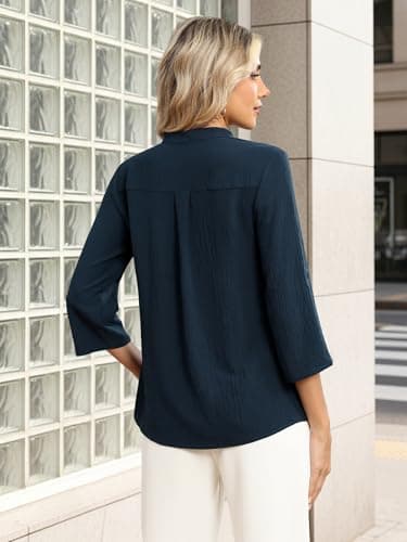 Funlingo Business Casual Tops for Women 3/4 Sleeve Zip Front V Neck Flowy Blouses Dressy Office Work Shirts Tunics to Wear with Leggings Deep Blue M - Thumbnail 6