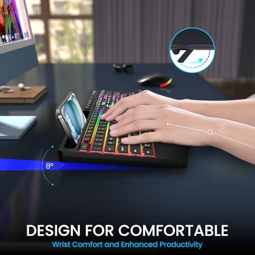 LIZRROT Wireless Keyboard and Mouse Combo - RGB Backlit, 2.4G 2200mAh Rechargeable, Ergonomic Rest, Phone Holder, Sleep Mode, Silent Full-Size Compuer Keyboards with Windows, Mac, PC, Laptop, Black - Thumbnail 4