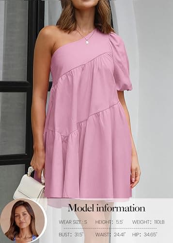 KIRUNDO Summer One Shoulder Mini Baby Doll Dresses Women 2026 Casual Puff Sleeve Loose Tiered A Line Flowy Short Dress(Pink, Small) - Thumbnail 4