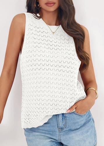 KIRUNDO Crochet Tops for Women 2026 Spring Summer Sleeveless Sweater Vest Tank Top Knit Pullover Beach Vacation Outfits (White, XX-Large) - Thumbnail 5