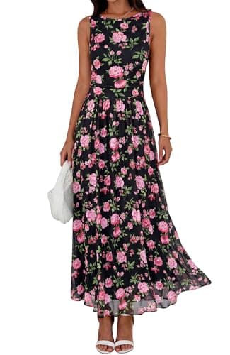 BTFBM Summer Dresses for Women 2026 Floral Maxi Dress Sleeveless Mesh Flowy Spring Wedding Guest Dress Long Sundresses(Black Pink Flower, Small) - Image 1