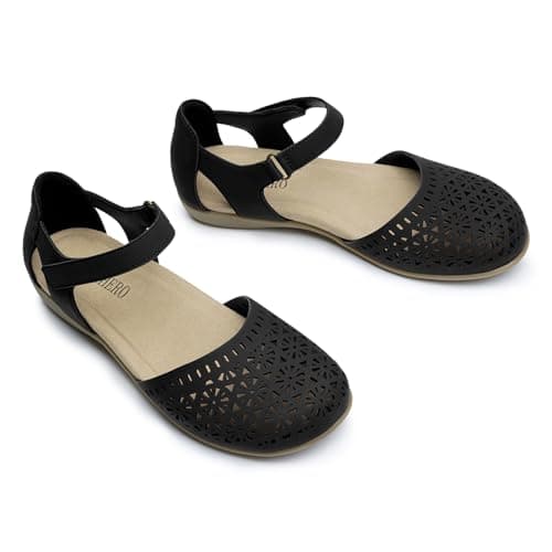 Rihero Womens Closed Toe Sandals Black Dressy Hollow Out Adjustable Ankle Strap Sandals for Women Summer Casual Flats with Arch Support for Office Beach 7 - Thumbnail 6