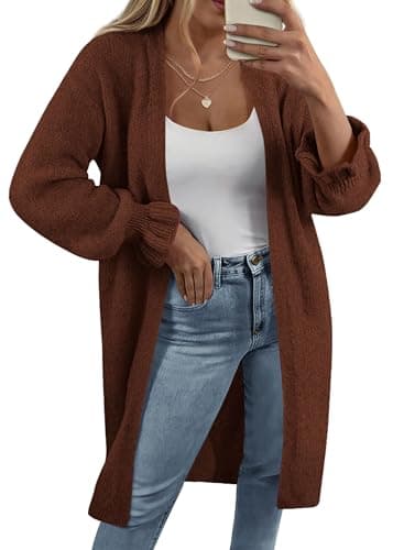 KIRUNDO Cardigan Sweaters for Women 2026 Fall Oversized Ruffle Long Sleeve Casual Open Front Knit Cardigans Sweater Coat(Brown, X-Large) - Image 1