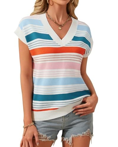 IEEILULU Womens Striped Color Block Sweater Vest Cap Sleeve V Neck Loose Tank Top Summer Sweater Vest Tops Vacation Outfits Blue S - Thumbnail 5
