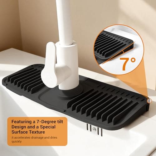 ZJWZLG Faucet Mat for Kitchen Sink, 14"X5.5" Silicone Sink Splash Guard with Soap Holder, Snap-On Design & 7°slope Fast Drain, Folding Sink Faucet Mat for Universal Kitchen Bathroom Sink（Black） - Thumbnail 4
