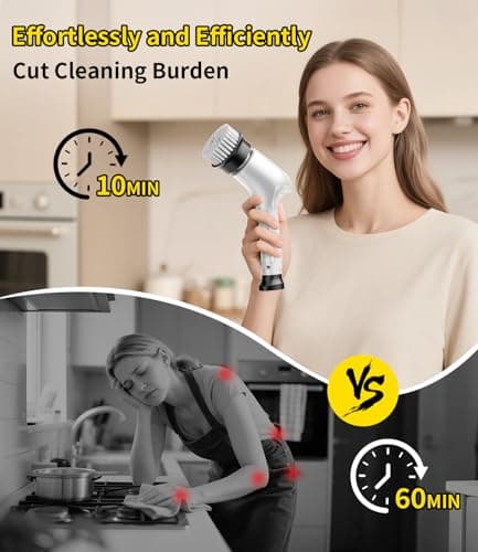 Electric Spin Scrubber, Cordless Household Cleaning Brush with 6 Replaceable Heads, 3 Speeds, LED Display, Lightweight Handheld Power Scrubber for Cleaning Stove/Bowl/Sink/Corner/Tile/Grout-White - Thumbnail 2