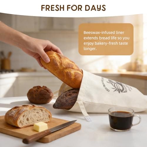 BubFroo 2 Pack Double-Layer Beeswax Sourdough Bread Bags, Reusable Organic Cotton Bread Bag with Detachable Beeswax Liner & Roll-top Buckle, Keeps Homemade Loaves Fresh Longer, XL Capacity - Thumbnail 6