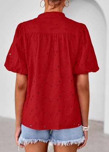 Lazysmile Summer Boho Tops for Women Short Sleeve V Neck Button Down Hollow Out Lace Embroidered Blouses Shirts - Thumbnail 2