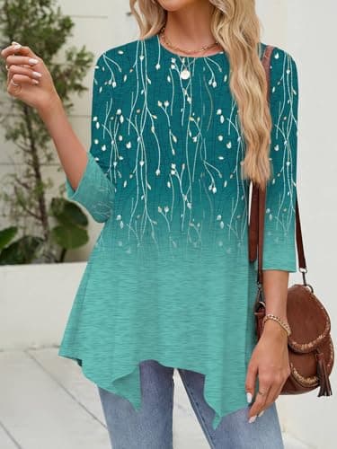 JUSTFASHIONNOW Women's Fall Tops 3/4 Sleeve Dressy Casual Plus Size Tunic Tops to Wear with Leggings Maternity Floral Shirts Loose Blouses（Gradient green，X-Large - Thumbnail 3