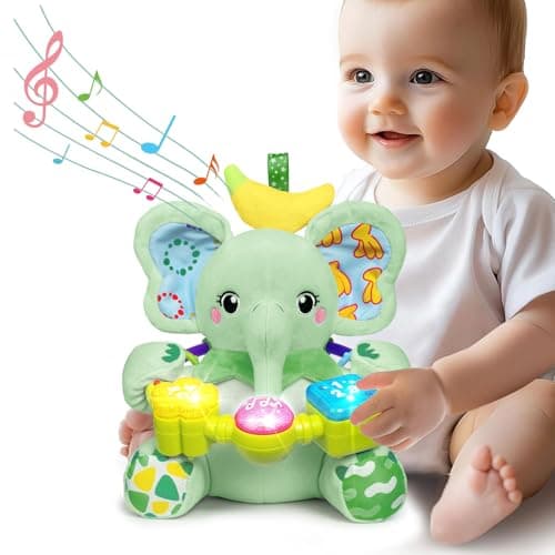 Ryotagift Baby Bilingual Musical Elephant Stuffed Animals Toys,Infant Early Learning Toy with Light-Up Music & Crinkle,Tummy Time Toys for 0 3 6 9 12+ Months for Baby Boy Girl Gift,Green