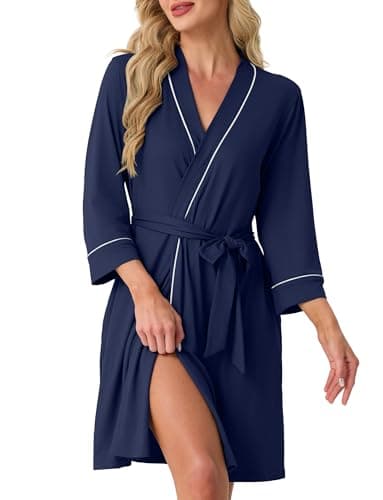 PrinStory Womens Robe Knee Length Knit Bathrobe Lightweight Soft Ladies Robes Navy Blue-S - Image 1