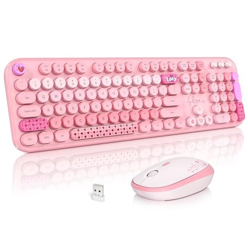 Atelus Wireless Keyboard and Mouse, Typewriter Full Size Keyboard with Number Pad and 2 in 1 USB Connected Mouse for Windows 7/8/10, Laptop, Desktop, PC, Computer (Pink Colorful) - Image 1
