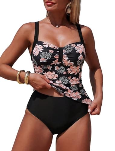 ZAFUL Tankini Swimsuit Tummy Control Bathing Suits 2 Piece Swimwear with High Waisted Bottom Ruched Vintage Floral Print Tankini Tops 2026 Suitable for Beach Weekends (Black Floral M) - Image 1