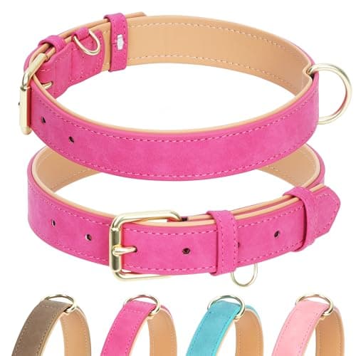 Jumpress Leather Dog Collar for Small Medium Large Dogs, Soft Padded Dog Leather Collar with Heavy Duty Gold Buckle, Durable & Comfortable for Puppy Dogs Daily Walking (Hot Pink, XS) - Image 1