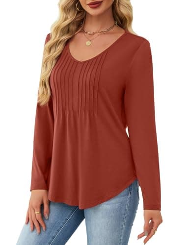 JUSTFASHIONNOW Long Sleeve Tops for Women Fall Shirts V Neck Trendy Ladies Casual Tunic Pleated Blouse Dressy Business Outfits Caramel Tops for Leggings (Caramel, Small) - Thumbnail 2