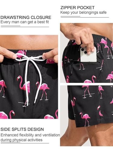 SILKWORLD Mens Swim Trunks Swim Shorts Quick Dry 5 inch Inseam Beach Shorts with Compression Liner and Zipper Pocket, Black Pink Flamingo, Medium - Thumbnail 2