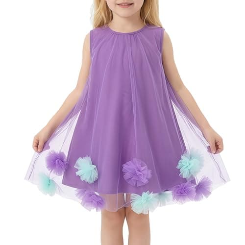Girls Summer Dress, Toddler Tulle 3D Floral A-Line Outfits, Casual Princess Party Sundress for Kids 4-9Y - Image 1