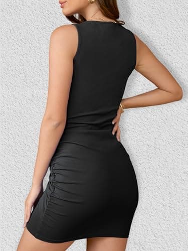 AUMORA Women's Sleeveless Ruched Bodycon Short Dress Crew Neck Tank Metal Buckle Cocktail Party Mini Dresses Black - Thumbnail 5