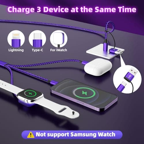 Travel Essentials 3in2 Multi Charging Cable for iPhone Watch Charger,USB A/C to Type C/IP/iWatch Charger,Travel Chargers for Multiple Devices Compatible with iWatch Series&iPhone 16-12（2PACK,5FT） - Thumbnail 3