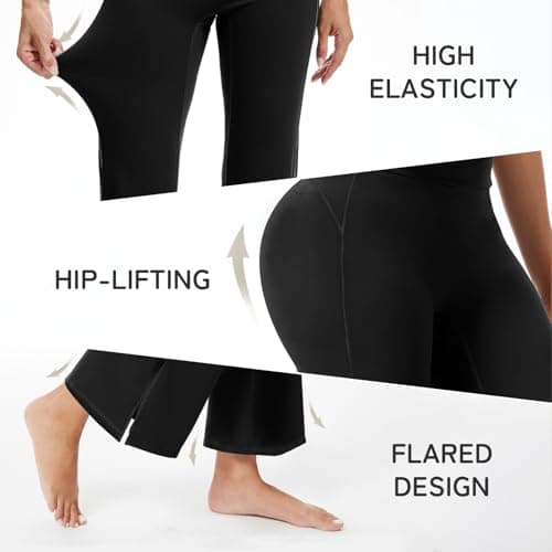 AMLEER Women's High Waist Full-Length Flare Leggings with Side Slit - Tummy Control Butt Lifting Gym Yoga Pants (Black, Small) - Thumbnail 5