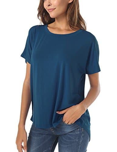 Women's Casual Tshirt Wide Neck Short Sleeve Well Made Hi Low Loose Fit Shirts with Side Slit Beja Blue XX-Large