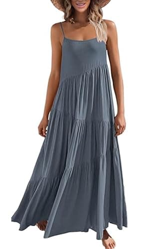 ECOWISH Women Sleeveless Maxi Dress: Summer Spaghetti Strap Casual Loose Boho Beach Dress Asymmetric Tiered Flowy Long Dress Gray Blue S - Image 1