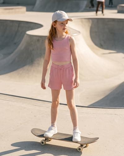 Stelle Girls Athletic Sets, Scoop Neck Ribbed Crop Tops Elastic Waist Shorts With Pockets 2 Piece Outfits, Girls Summer Outfits 5T, Dusty Rose, X-Small - Thumbnail 5