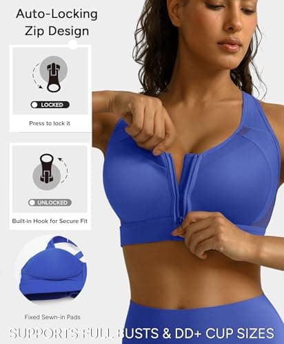 BRXL Front Zipper Sports Bras for Women Sewn in Pads Molded Cup Sports Bra Adjustable Straps Sport Bras Blue XL - Thumbnail 2