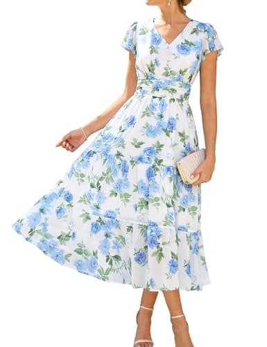 GRACE KARIN Women Summer Dress,Maxi Floral Dresses,V Neck Wedding Guest Flowy Dress 2026 White with Blue Flowers M - Image 1