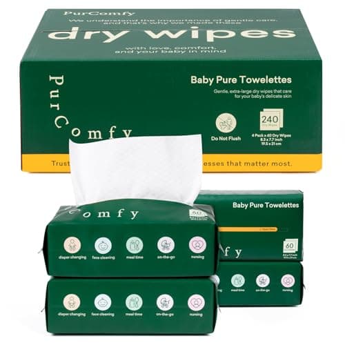 PurComfy Baby Dry Wipes for Newborn, 4 Pack Plant-Based & Hypoallergenic Disposable Cloths for Baby Diaper Changes, Meal Time & Runny Noses, Use Wet or Dry, Total 240 Count - Image 1