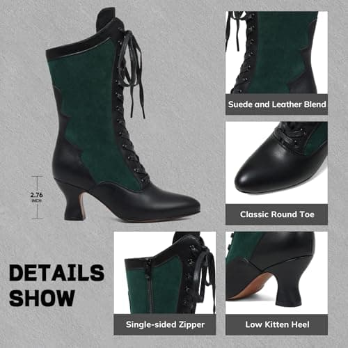 Erocalli Women Mid Heels Witch Boots Green Halloween Cosplay Mid-calf Leather Boots - Lace Up, Fall Winter Boots, Medieval, Renaissance, Steampunk, Vintage Shoes - Thumbnail 6