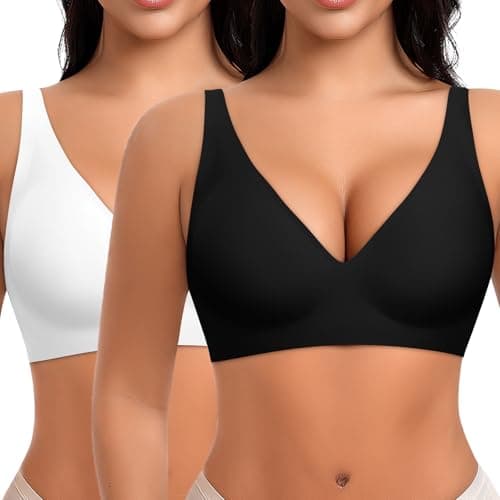 Ganado Deep V Wireless Bras for Women No Underwire Push Up Seamless Padded Comfort Bra Supportive Wirefree Bralette (Black+White, Small) - Image 1