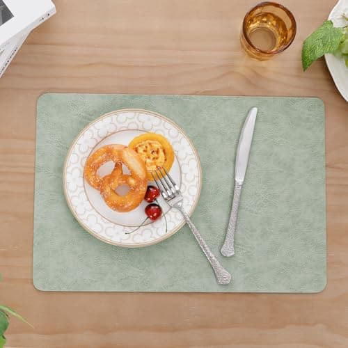 SHACOS Faux Cowhide Leather Placemats Set of 4, Wipeable Heat Resistant Table Mats, Stain Resistant Double Sided Reversible PU Place Mats for Dining Table Kitchen Restaurants, Green and Ivory - Thumbnail 4