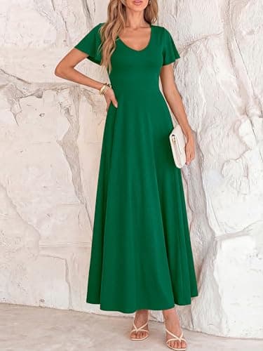 BTFBM Formal Dresses for Women Summer Outfits V Neck Ruffle Sleeve A Line Maxi Elegant Cocktail Wedding Guest Dress 2026(Green, Small) - Thumbnail 2