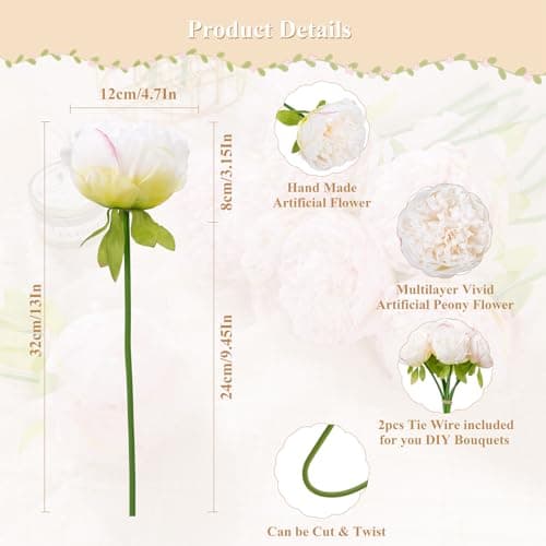 U'Artlines 2 Bouquet 10 Heads Artificial Peony Silk Flower Leaf Home Office Wedding Party Festival Bar Decor (Cream White) - Thumbnail 3