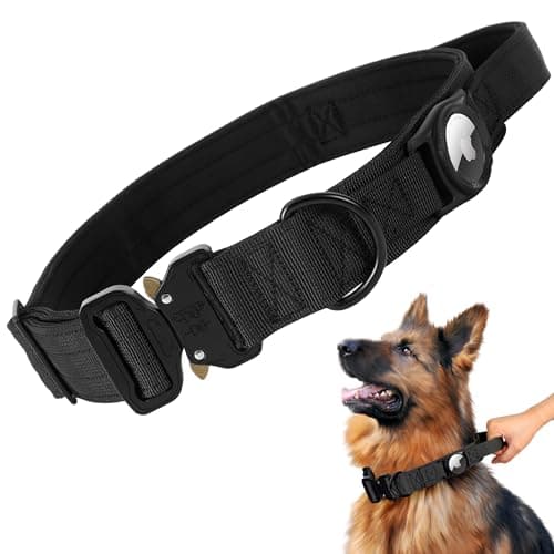 Jumpress Heavy Duty Tactical Dog Collar with Airtag Holder, 1.5’’ Wide Large Dog Collar with Comfortable Handle, Durable Airtag Dog Collar for Large Dogs (Black,Neck 20-24’’) - Image 1