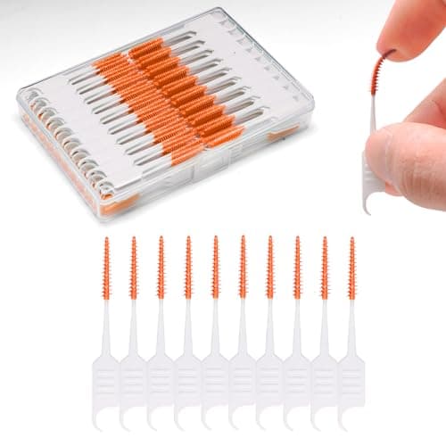 ACSKD 200PCS Dental Floss Picks,Dual-Use Interdental Brushes,Soft Silicone Brush Head Toothpicks, Tooth Picks Flossers for Teeth Braces Cleaning (200PCS Orange)