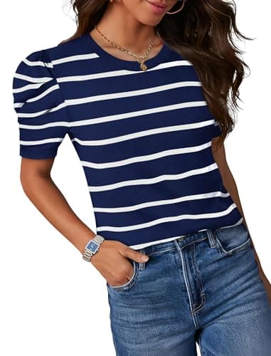 Sampeel Womens Tops Short Sleeve T Shirts Spring Summer Women's Clothing Cruise 2026 Ladies Tops and Blouses Business Casual Outfits Loose Fit Plus Size Sweater Striped Navy Blue 2XL - Thumbnail 2