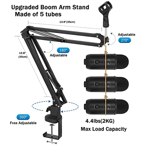 Luling Arts Boom Arm Suspension Mic Heavy Duty Microphone Arm for Blue Yeti, Hyperx Quadcast, Adjustable Boom Mic Stand Desk with Pop Filter, 1/4“-3/8“-5/8“ Adapter, Mic Mounts,Broadcast - Thumbnail 2