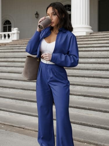 EXLURA Womens 2 Piece Outfits Long Sleeve Zip Up Crop Jackets Long Wide Leg Pant Suits Spring Airport Travel Matching Sets - Thumbnail 2