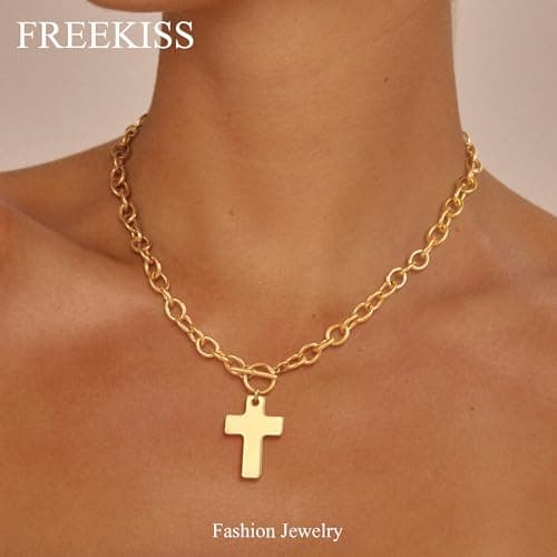 Freekiss Cross Necklaces for Women: 14K Gold/Sterling Silver Plated Trendy Chunky Cross Pendant Necklace for Women,Tarnish Free Toggle Clasp Paperclip Chain Dainty Religious Faith Fashion Jewelry Gifts - Thumbnail 6